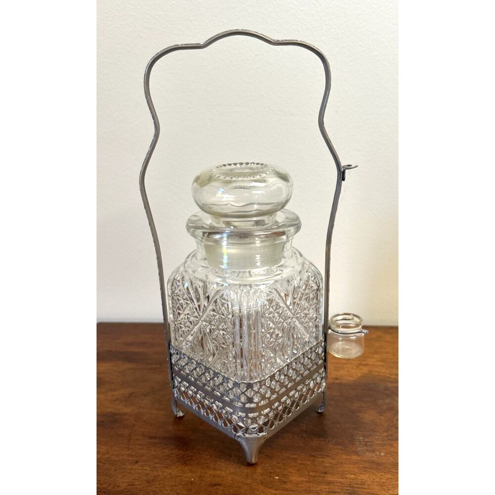 Antique Victorian Pressed Glass Pickle Olive Castor Jar Caddy w/ Drip Cup 9.5”